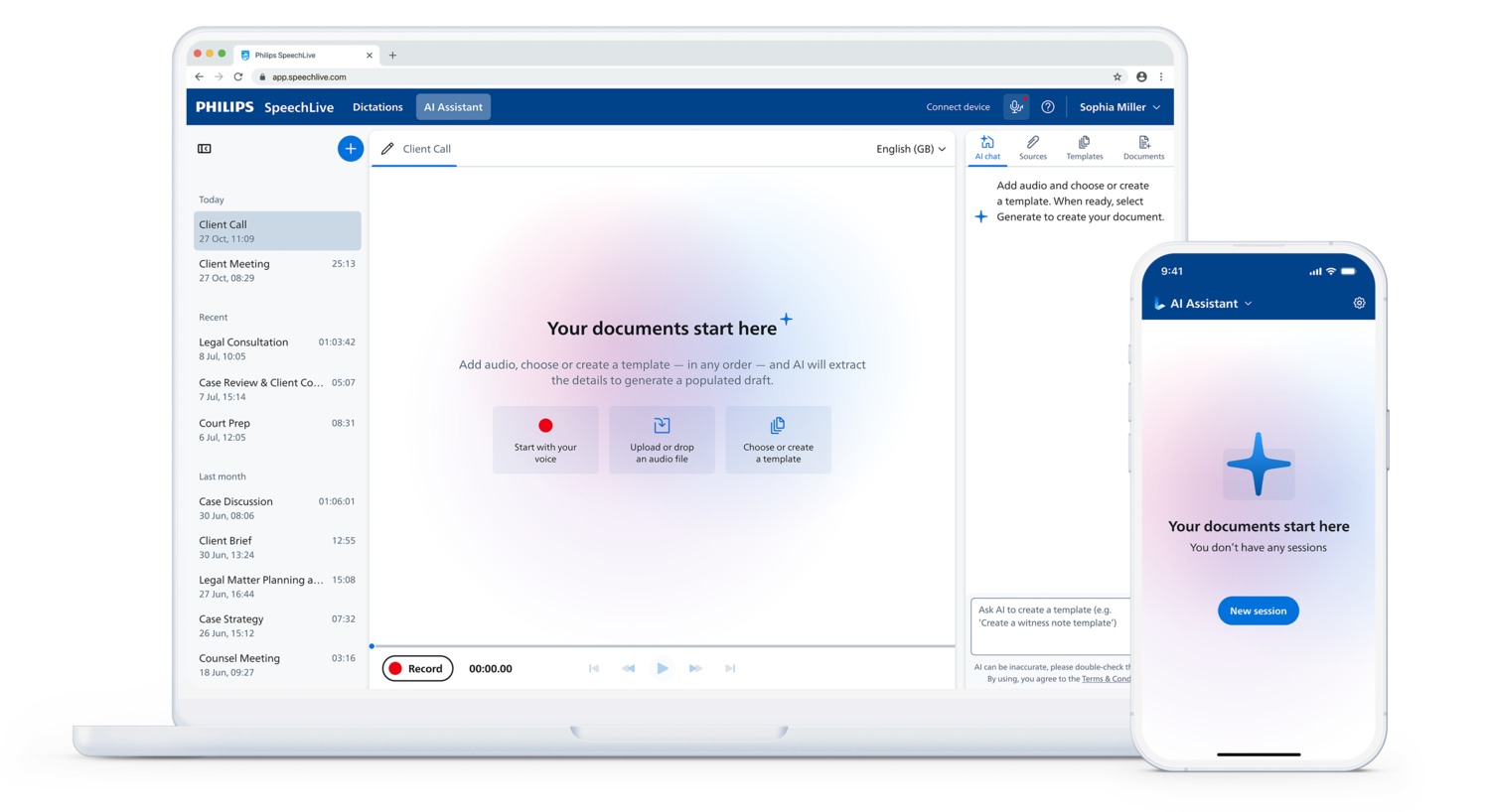 SpeechLive Legal AI-assistent i webbläsare och mobil